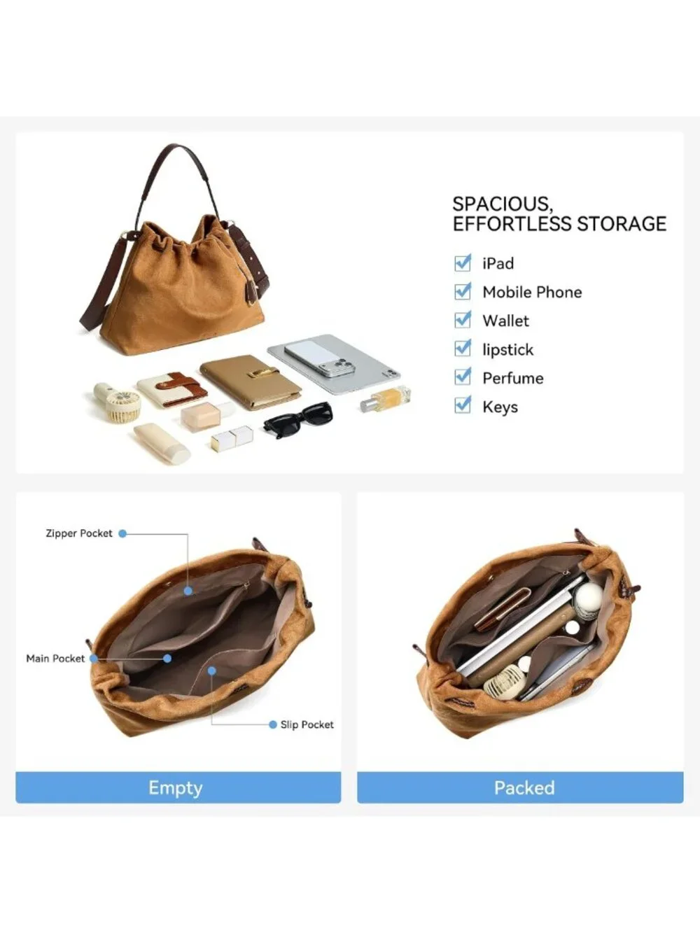 Slouchy Hobo Bag for Women - Soft Drawstring Shoulder Handbag & Crossbody Purse